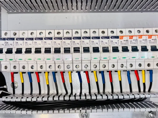 Interruptores termomagnéticos y cableado en un tablero eléctrico